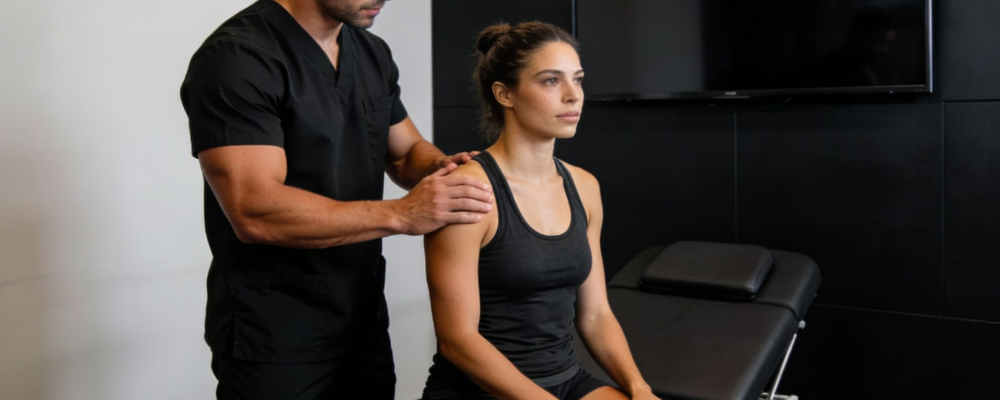 Chiropractor performing shoulder adjustment on patient in Overland Park